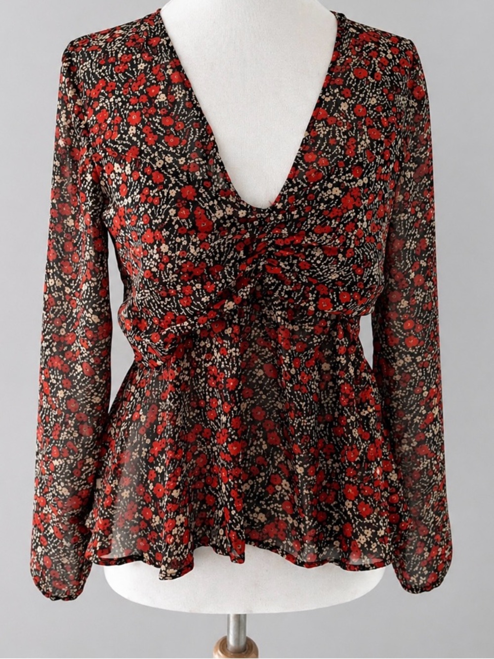 Zara Sheer Floral Blouse Ruched Front Black Red NWT